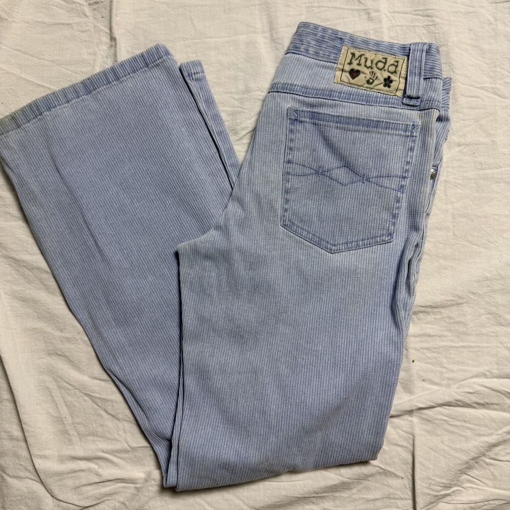 Vintage Y2K Mudd Jeans Low Rise Blue Corduroy Flare Pants With Seam Accents 8